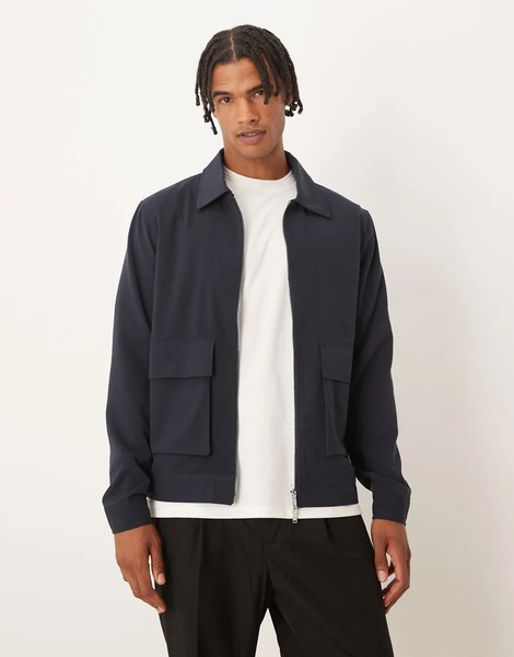  Brave Soul Patch Pocket Harrington Jacket In Navy 