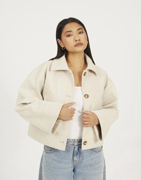  Brave Soul Short Collared Jacket In Beige Neutral 