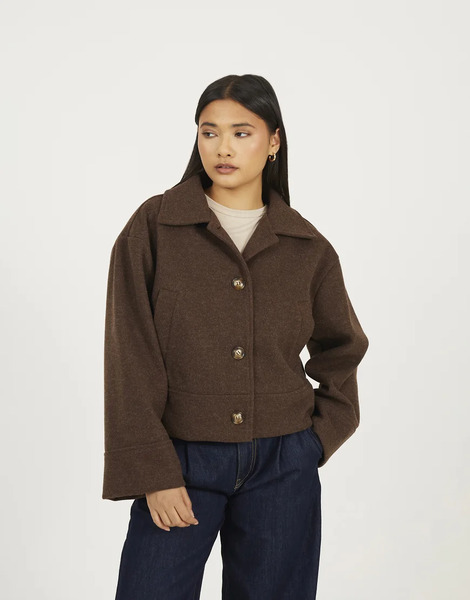  Brave Soul Short Collared Jacket In Chocolate Brown 