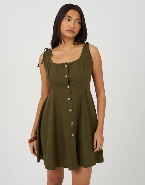 Brave Soul Strappy Button Front A Line Mini Dress In Khaki Green 