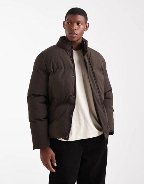  Brave Soul Textured Puffer Jacket In Chocolate Brown 