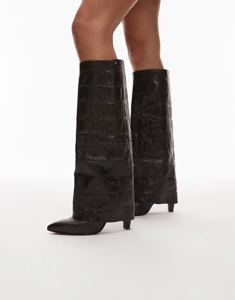  Bronx Fold Over Knee Boots In Croc Brown 