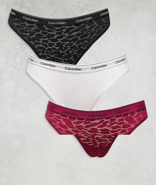  Calvin Klein Icon Lace 3 Pack Bikini Briefs In Berry/black/blush Pink Multi 