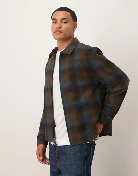  Calvin Klein Jeans Flannel Check Wool Zip Jacket In Brown 