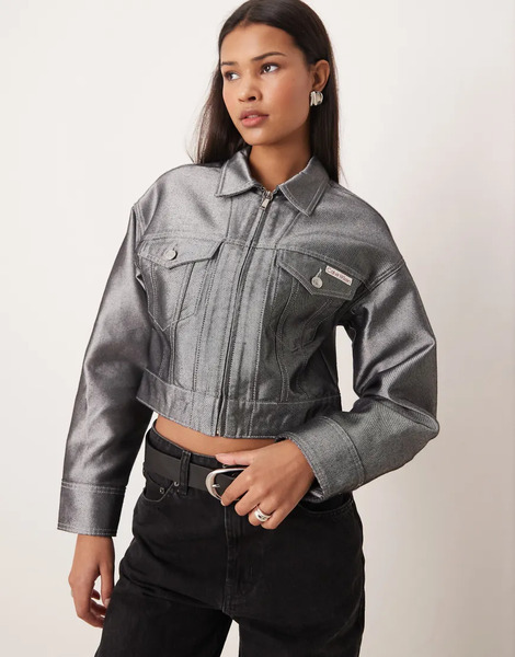  Calvin Klein Jeans Metallic Denim Trucker Jacket With Double Zip In Grey 