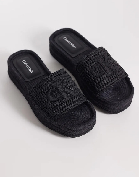  Calvin Klein Jeans Raffia Flatform Espadrille Sandal In Black 