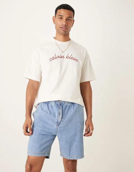  Calvin Klein Jeans Relaxed Pull On Shorts In Light Blue Wash 