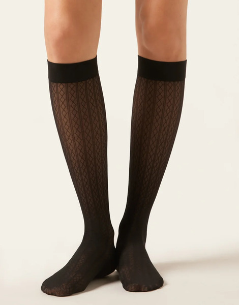  Calzedonia Diamond Patterned Knee High Socks In Black 