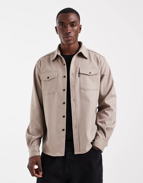  Capo Button Through Long Sleeve Overshirt In Stone Neutral 