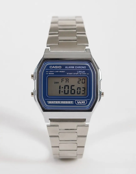  Casio A158wea 2avef Blue Dial Retro Digital Watch In Silver 
