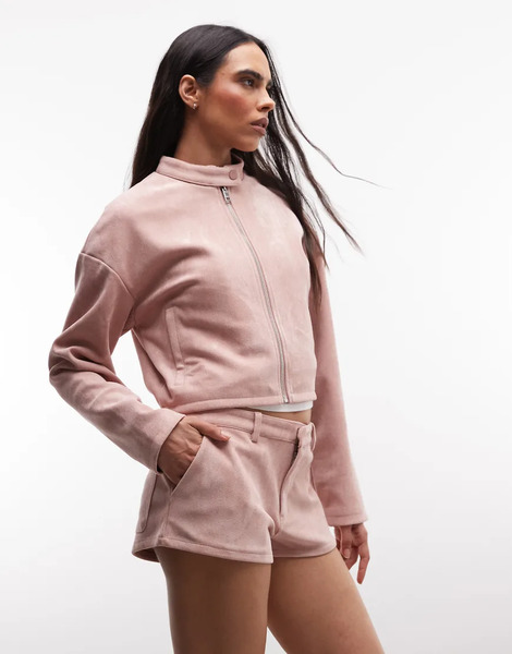 Cernucci Faux Suede Micro Shorts Co Ord In Dusty Pink 