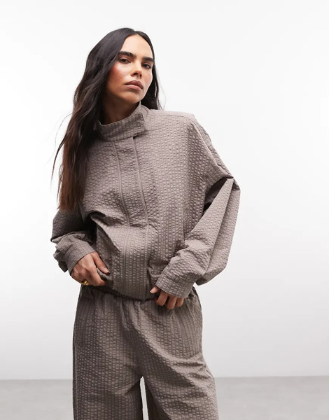  Cernucci Funnel Neck Nylon Jacket Co Ord In Beige Micro Check Neutral 