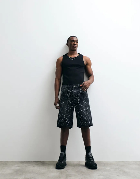  Cernucci Rhinestone Embellished Jorts In Washed Black 