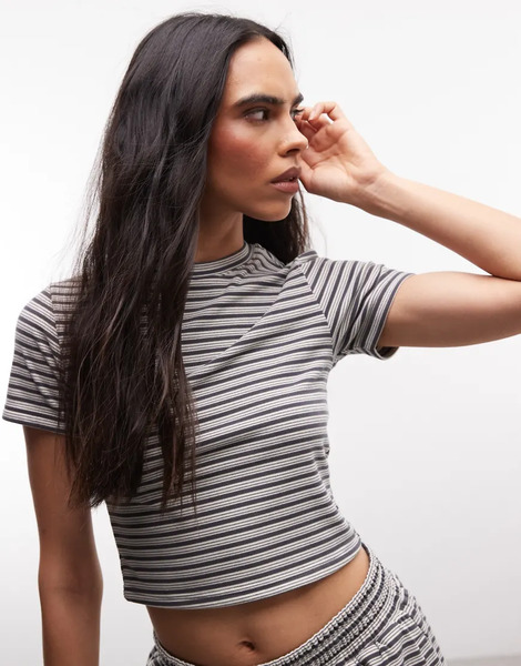 Cernucci Soft Touch Crop Top Co Ord In Grey Double Stripe 