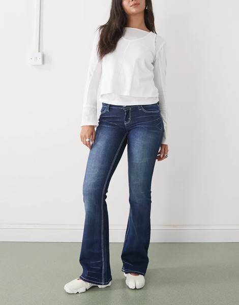  Cheap Monday Booty Bei Stretch Low Waist Bootcut Jeans With Embroidered Back Pockets In Dark Blue Wash 