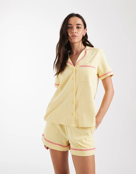  Chelsea Peers Time For A Nap Embroidered Short Sleeve Button Up Shirt And Short Nightwear Set In Yellow Pink 