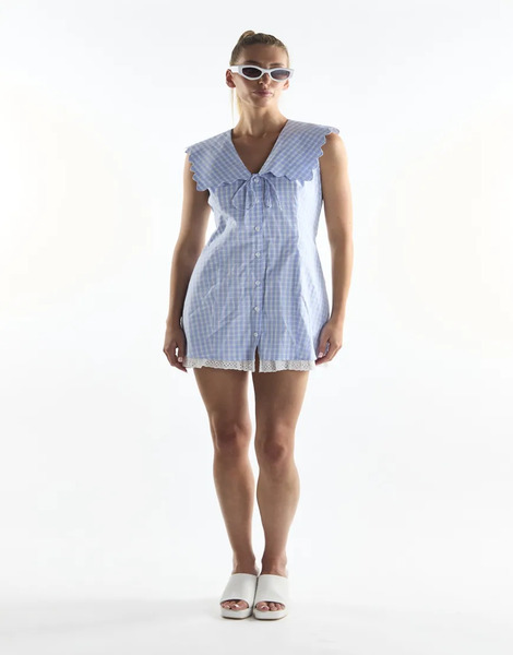  Collective The Label Button Through Aline Mini Dress In Blue Grid Check Multi 