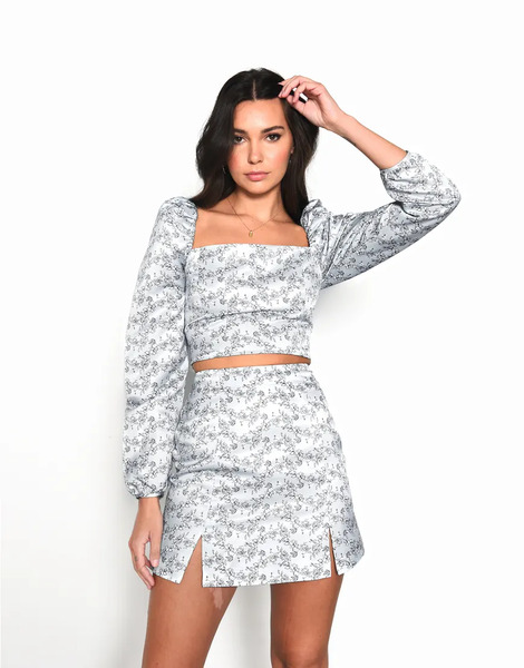  Collective The Label Front Split Mini Skirt In Mint Floral Multi 