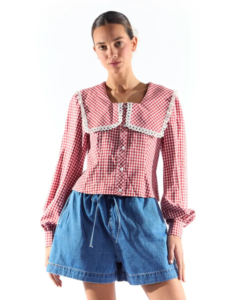  Collective The Label Oversized Collar Blouse In Red Gingham Multi 