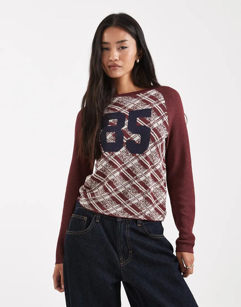  Collusion Argyle Knitted Number Raglan Jumper Brown 