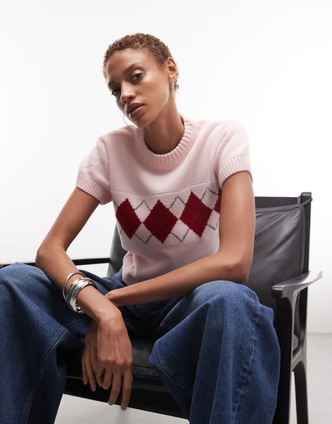  Collusion Arygle Cap Sleeve Knitted Top In Pink 