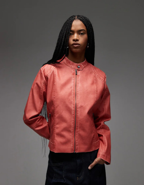  Collusion Biker Jacket In Washed Red 