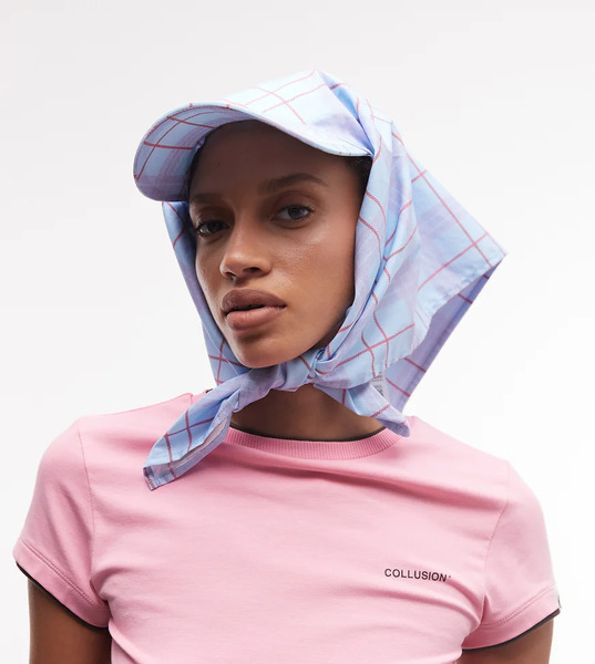  Collusion Blue Check Headscarf With Cap Detail 