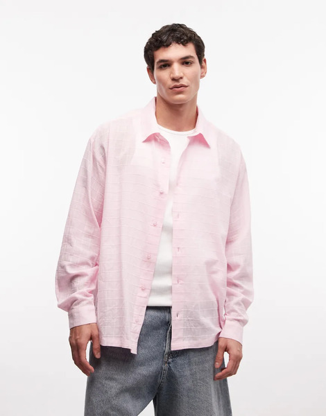  Collusion Boxy Oversized Long Sleeve Shirt In Pink Textured Check 