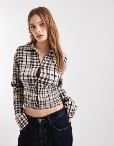  Collusion Check Knitted Button Through Top Neutral 