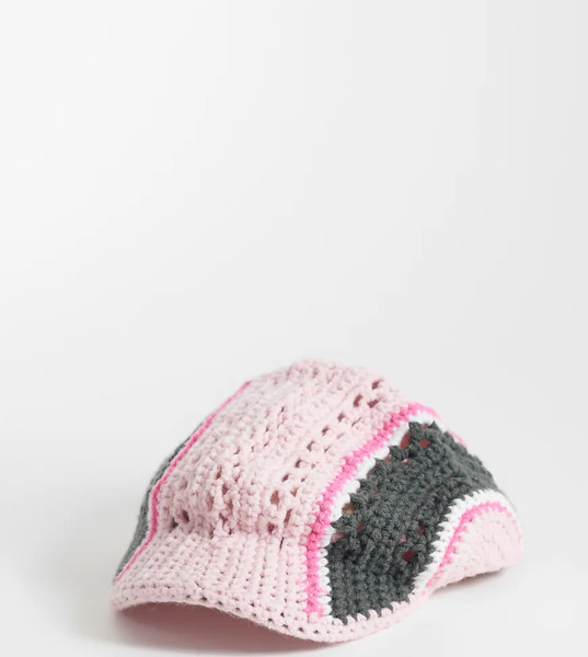  Collusion Crochet Stripe Flat Cap In Pink 