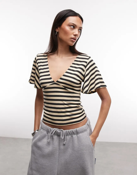  Collusion Deep V Neck Batwing Top In Stripe Multi 