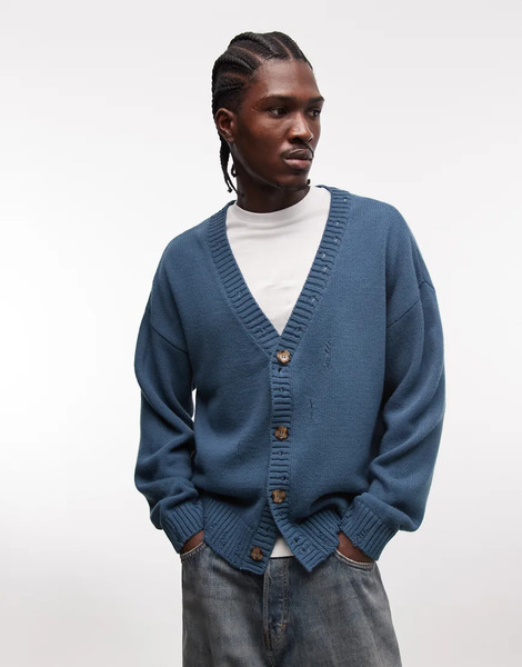  Collusion Distressed Oversized Cardigan In Blue 