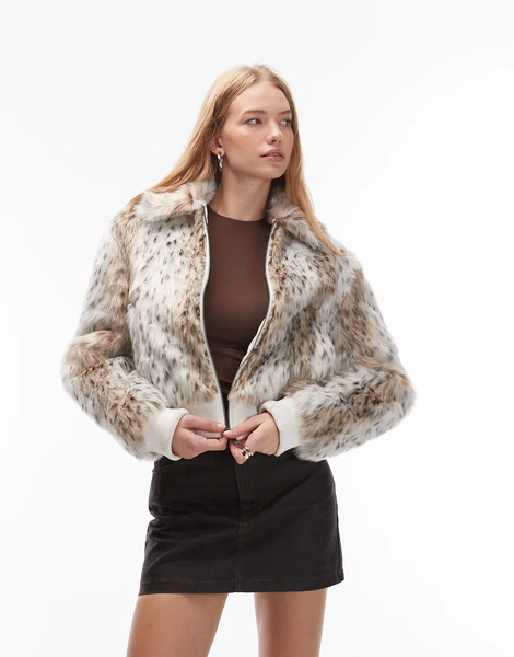  Collusion Faux Fur Snow Leopard Print Jacket White 