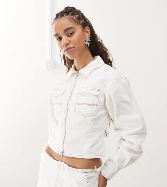  Collusion Fitted Denim Jacket In Ecru Neutral 