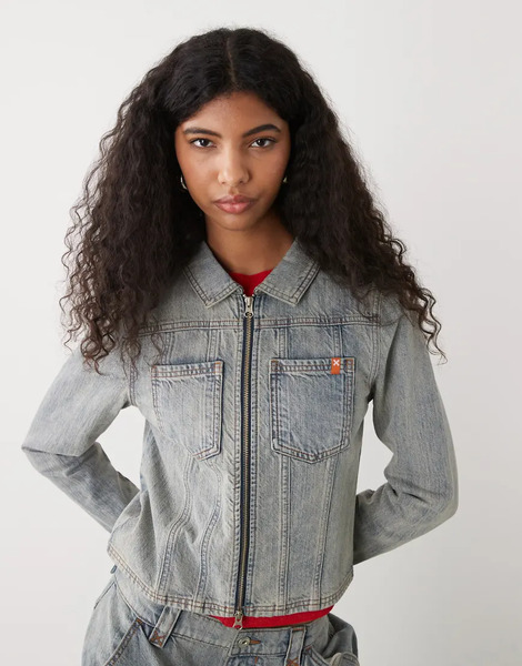  Collusion Fitted Denim Jacket With Double Ended Zip In Light Wash Blue 