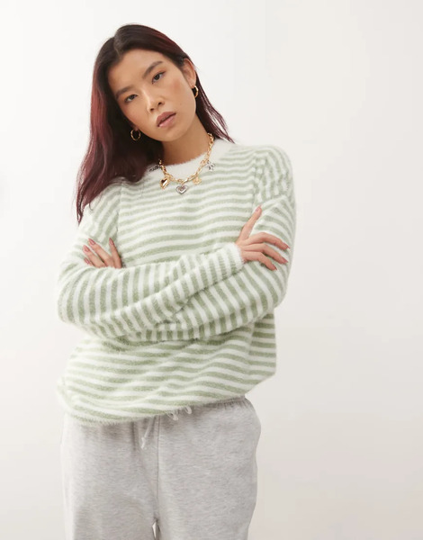  Collusion Fluffy Oversized Stripe Jumper In Green 