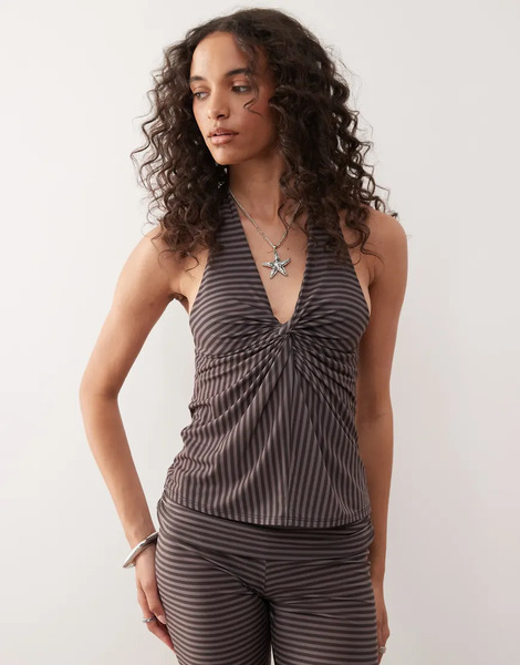  Collusion Halter Knot Front Top In Brown Stripe Multi 