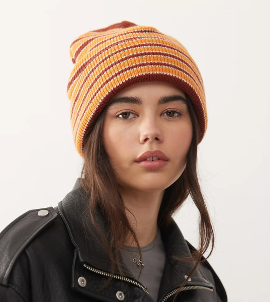  Collusion Knitted Beanie In Brown Multi Stripe 