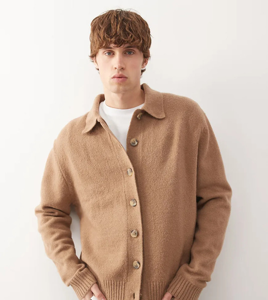  Collusion Knitted Button Down Jumper In Brown Grey 