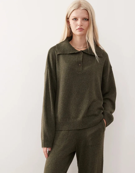  Collusion Knitted Oversized Button Up Jumper Co Ord In Khaki Green 