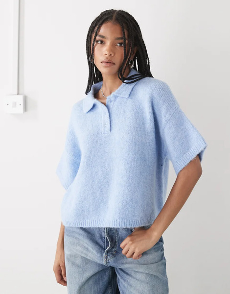  Collusion Knitted Short Sleeve Polo In Blue 