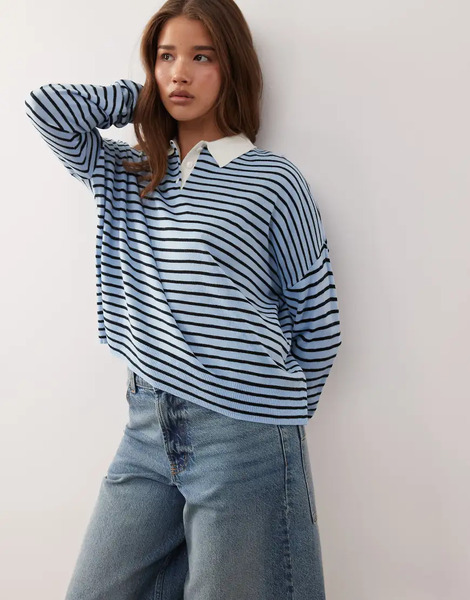  Collusion Knitted Stripe Polo Jumper In Blue Green 