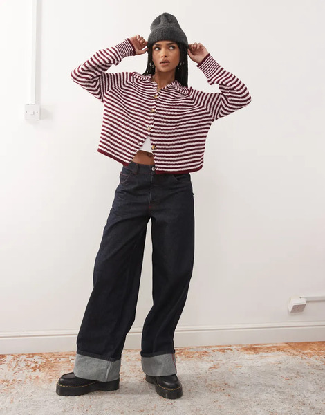  Collusion Knitted Stripe Raglan Cardi In Pink 