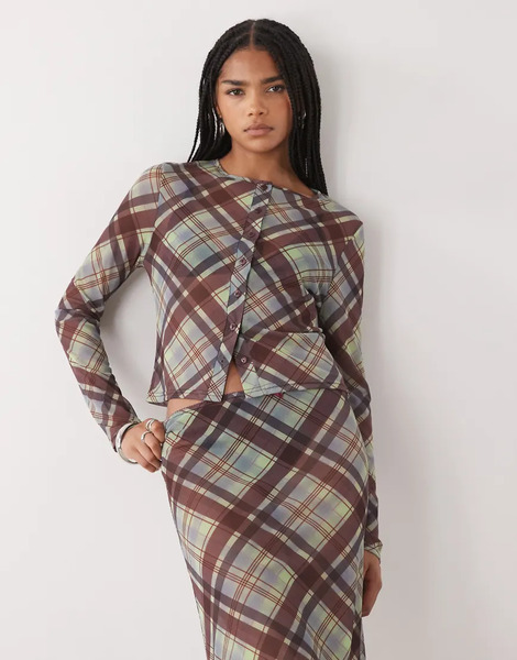  Collusion Long Sleeve Mesh Button Through Top In Burgundy And Lime Check Multi 
