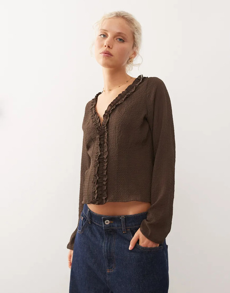  Collusion Long Sleeve Ruffle Blouse In Brown 