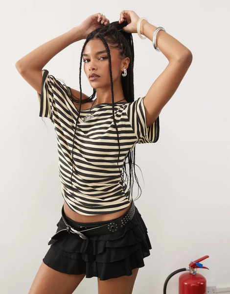  Collusion Off Shoulder Drapey Top In Yellow Micro Stripe Multi 
