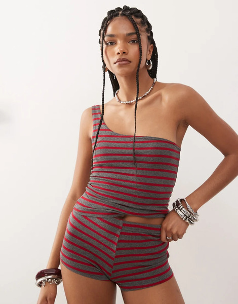  Collusion One Shoulder Striped Top In Red Multi 