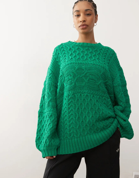 Collusion Oversized Heavyweight Washed Cable Jumper In Green 
