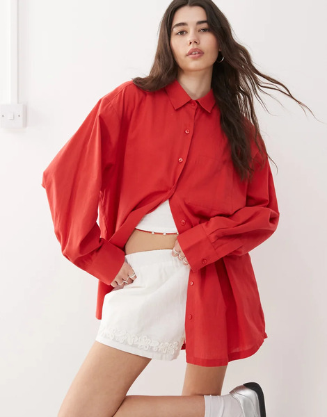  Collusion Oversized Linen Look Shirt In Red 
