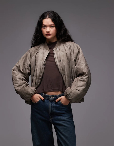  Collusion Oversized Washed Bomber In Khaki Green 